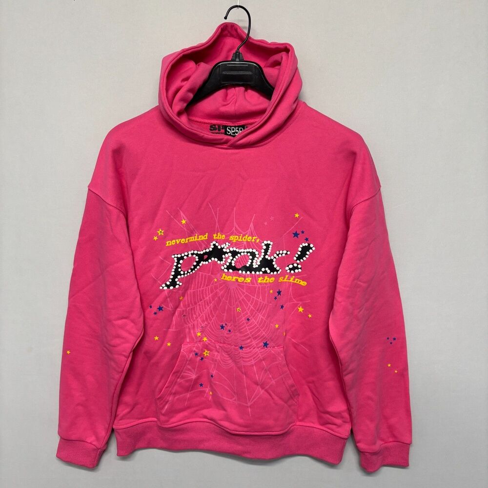 Sp5der Men Pink Rhinestone Pullover Hoodie Size XL X-Large Streetwear D128 -11